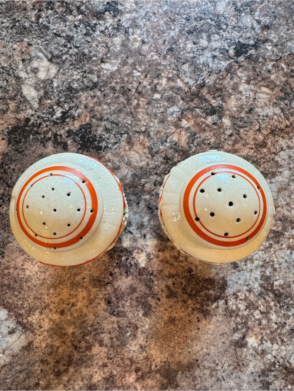 Vintage Japanese White Ceramic Salt and Pepper Shaker Set w/ Reddish/Orange Trim